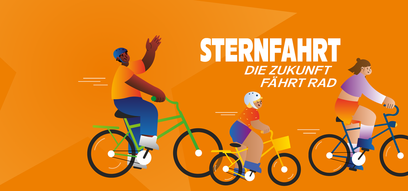 Sternfahrt 2026 Unteschiedliche Menschen fahren auf Fahrrädern. Darüber steht Sternfahrt: Die Zukunft fährt Rad.
