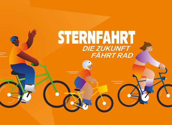Sternfahrt 2026 Unteschiedliche Menschen fahren auf Fahrrädern. Darüber steht Sternfahrt: Die Zukunft fährt Rad.