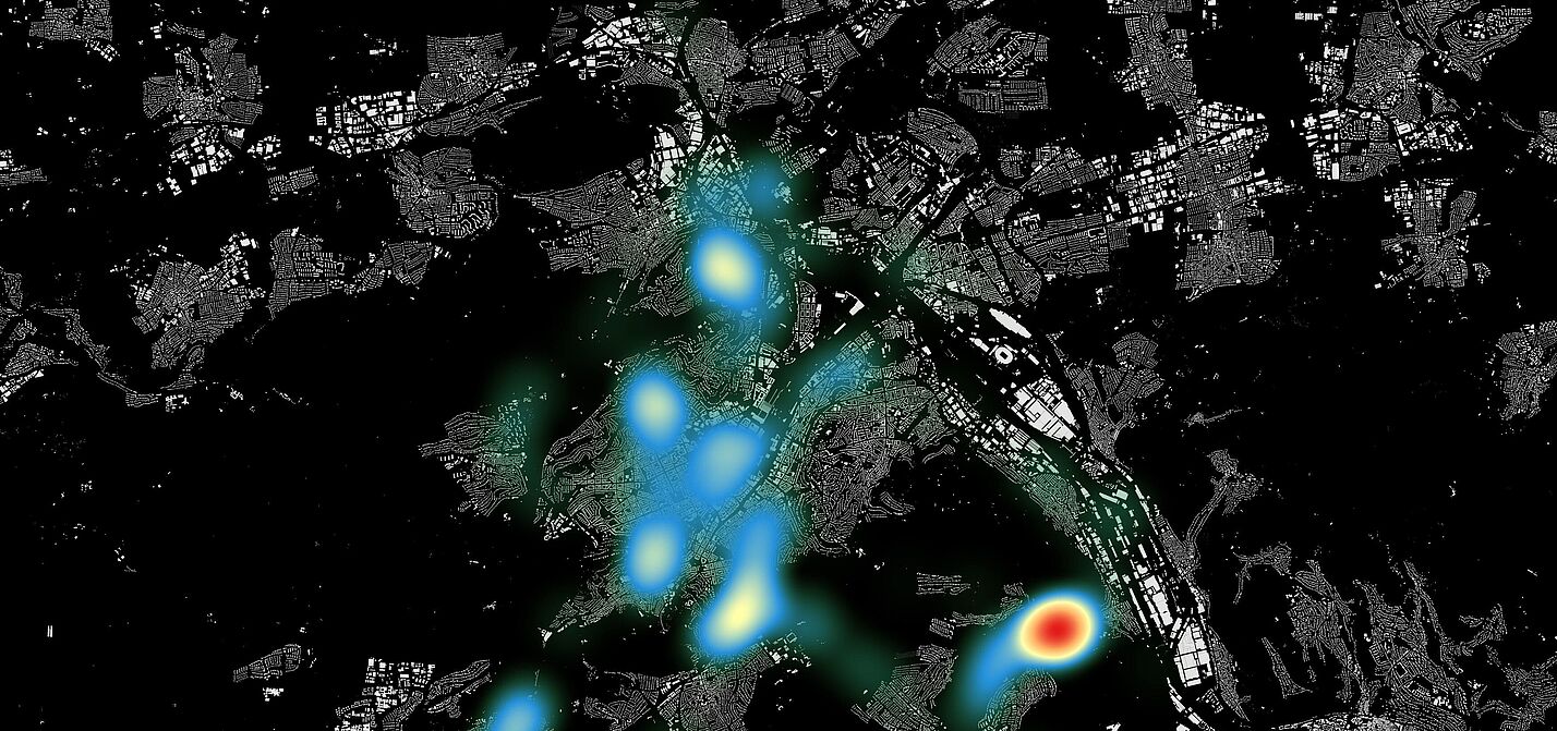 Visualisierung Projekt Cape Reviso: Die Heatmap zeigt, wo Radfahrende in Stuttgart besonders eng überholt werden.