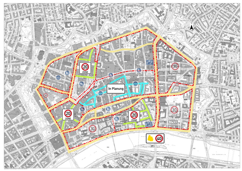 Das Bild zeigte eine Straßenkarte der Frankfurter Innenstadt auf dem das Blockkonzept eingezeichnet ist.
