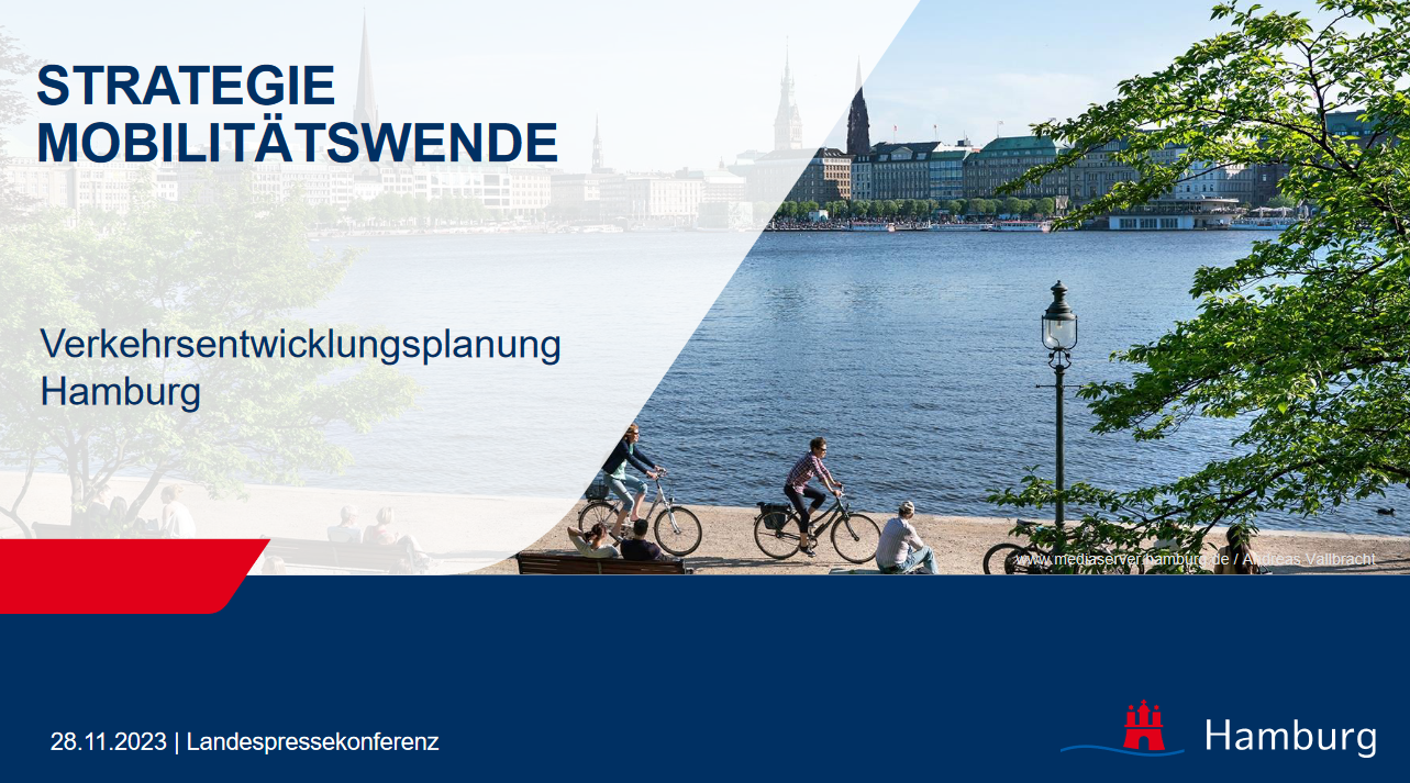 Titelbild eines Papiers zur Mobilitätswende-Strategie mit einem Gewässer und Radfahrern, die davor langfahren.