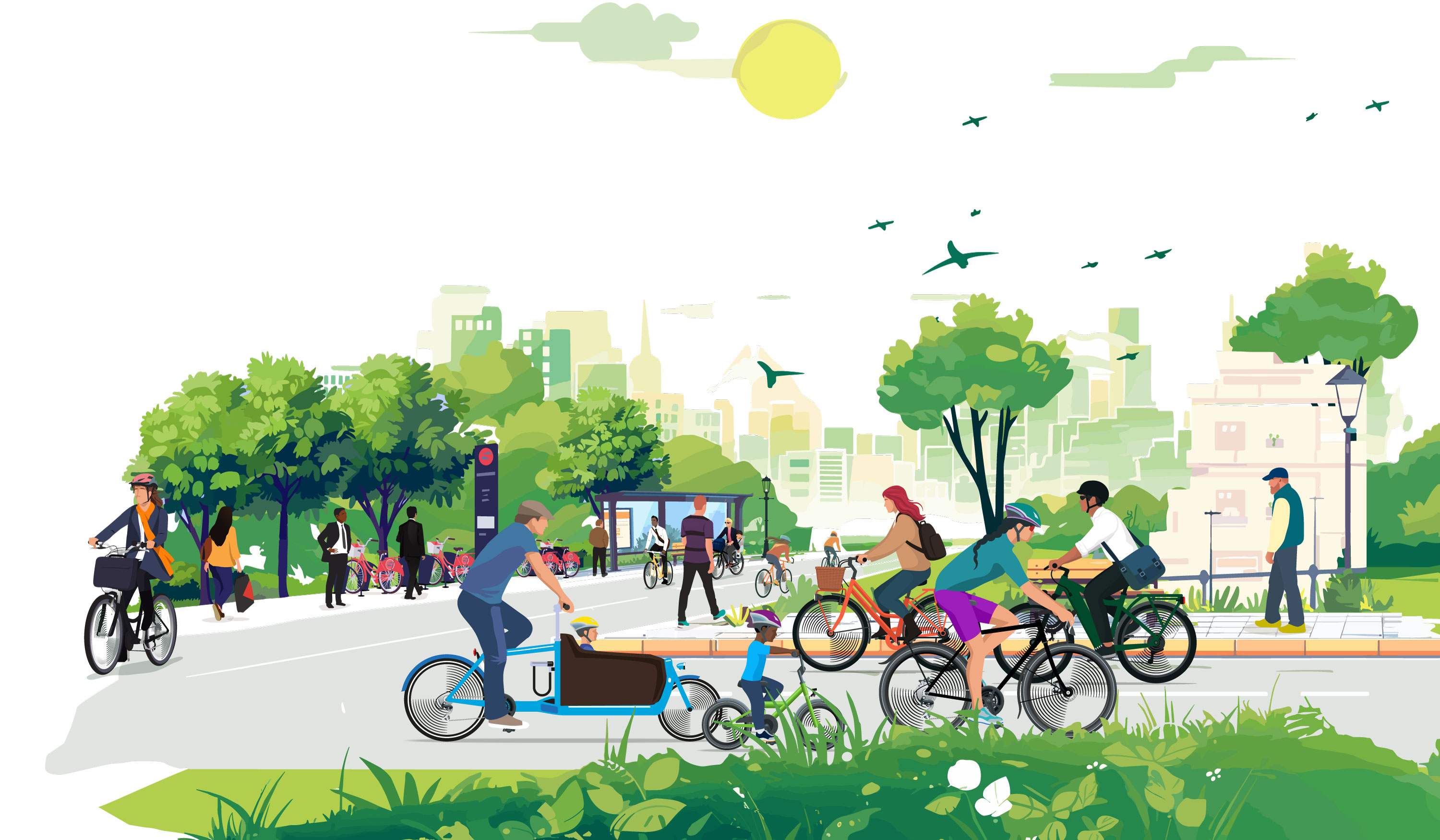 Grafik mit Menschen, die sich auf dem Fahrrad in einer Stadt bewegen